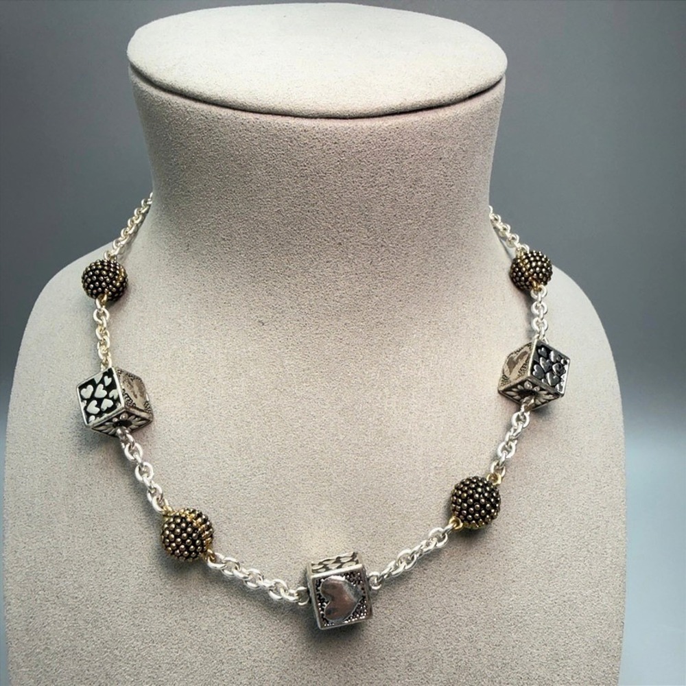 Mixed Metal Silver Tone Heart Cube Station Bead Chain Necklace 16-18" Adjustable